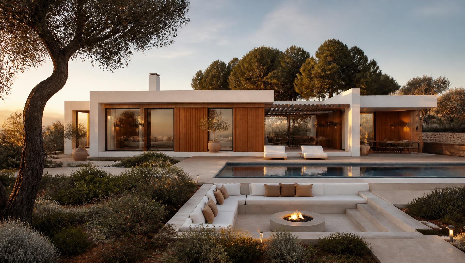 Modern modular home with wood cladding and large glass facades at golden hour in Spain